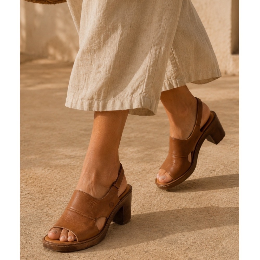 NEW Born Leather Platform‎ Sandals Women 10 Brown Block Heel Slingback BOHO